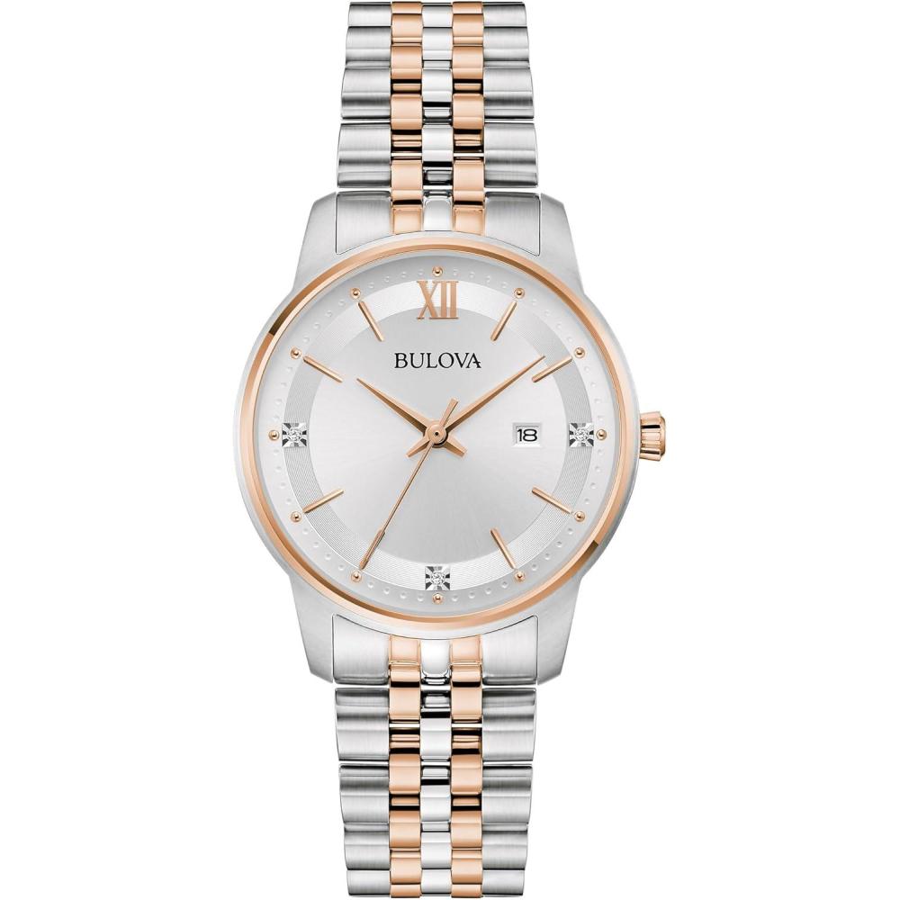 imageBulova Ladies Classic Diamond TwoTone Gold Stainless Steel 3Hand Calendar Date Quartz WatchRose GoldSilver Dial