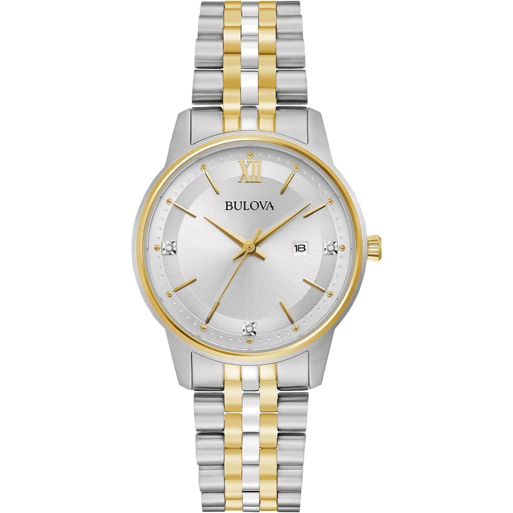 imageBulova Ladies Classic Diamond TwoTone Gold Stainless Steel 3Hand Calendar Date Quartz WatchSilver Dial
