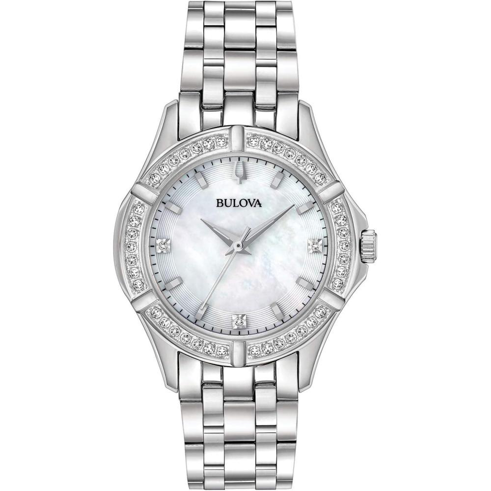 imageBulova Ladies Classic Stainless Steel 3Hand Quartz Watch Diamond Dial and Bezel with White MotherofPearl Dial Style 96R233