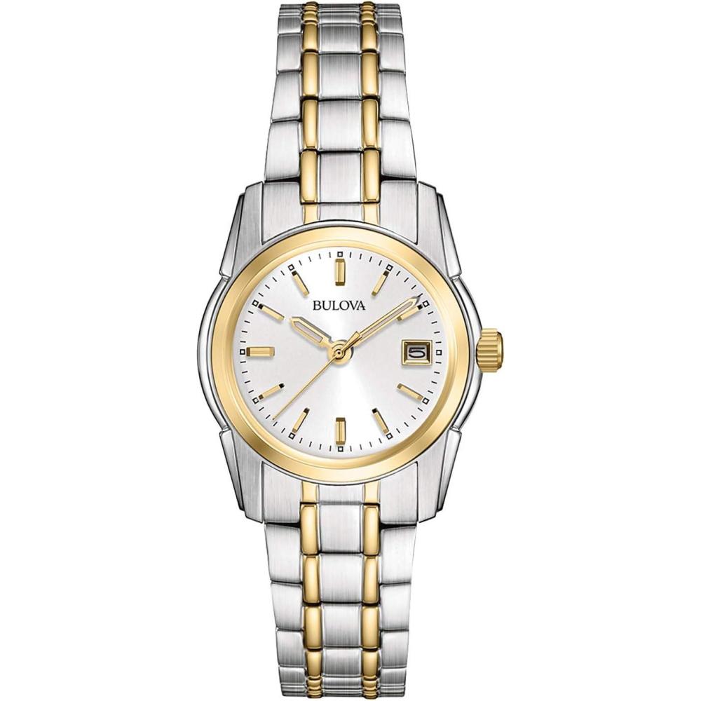 imageBulova Ladies Classic TwoTone Stainless Steel 3Hand Calendar Date Quartz Watch SilverWhite Dial Style 98M105