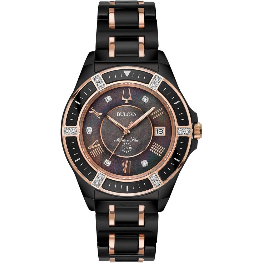 imageBulova Ladies Marine Star Series L 3Hand Day Date Quartz Diamond Ceramic Watch Sapphire Crystal 100M Water Resistant MotherofPearl Dial 37mmBlack CeramicRose Gold