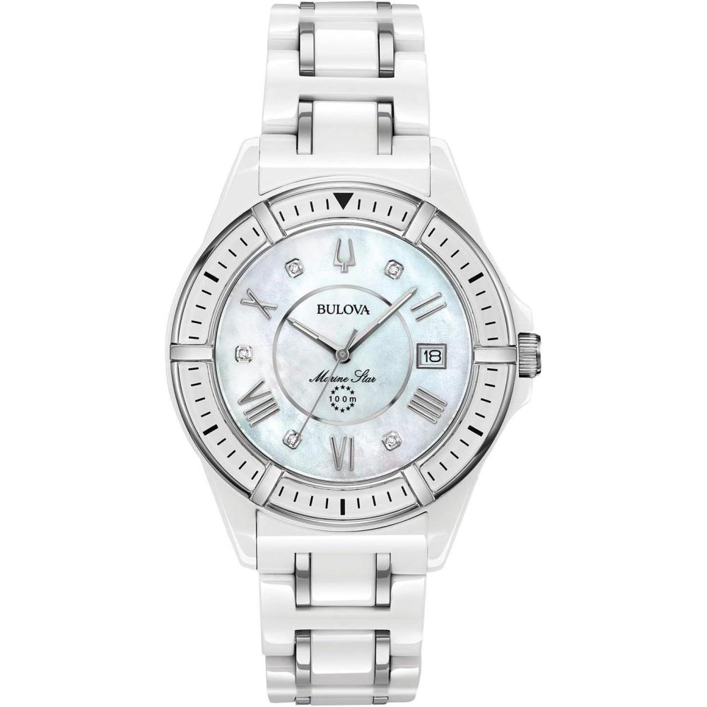imageBulova Ladies Marine Star Series L 3Hand Day Date Quartz Diamond Ceramic Watch Sapphire Crystal 100M Water Resistant MotherofPearl Dial 37mmWhite Ceramic Stainless