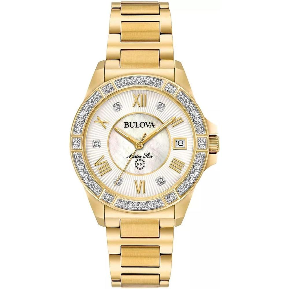 imageBulova Ladies Marine Star Series L 3Hand Day Date Quartz Diamond Watch Sapphire Crystal 100M Water Resistant MotherofPearl Dial 34mmGold Tone