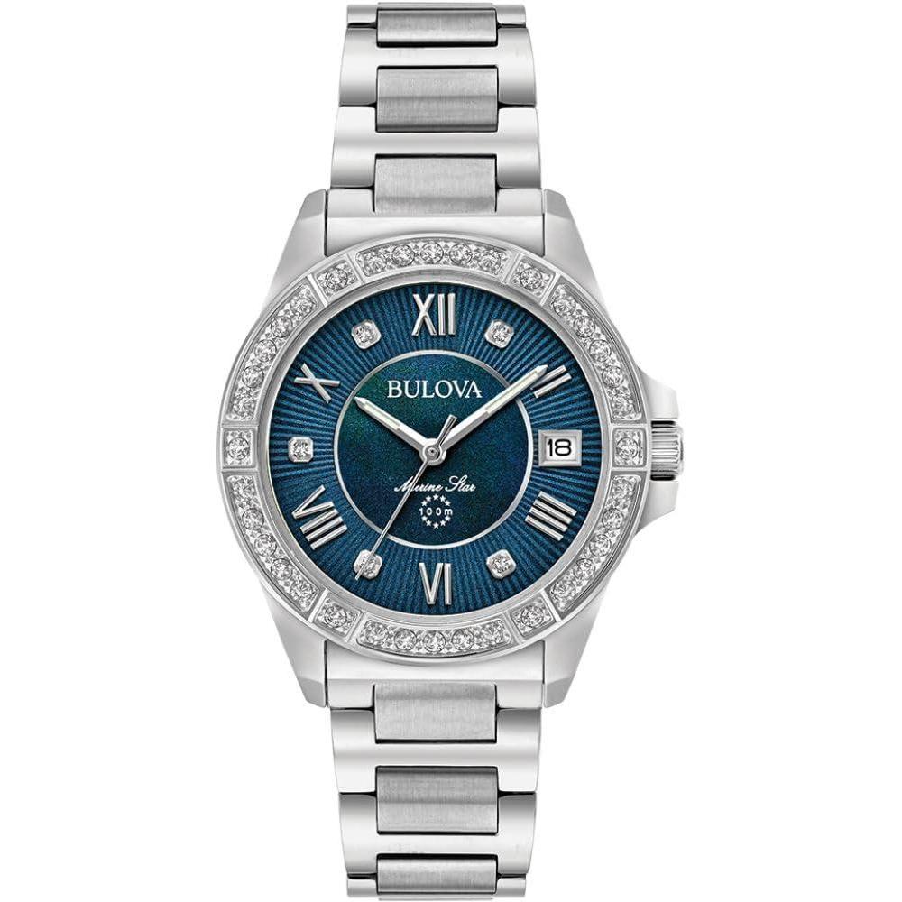 imageBulova Ladies Marine Star Series L 3Hand Day Date Quartz Diamond Watch Sapphire Crystal 100M Water Resistant MotherofPearl Dial 34mmStainless Blue Dial