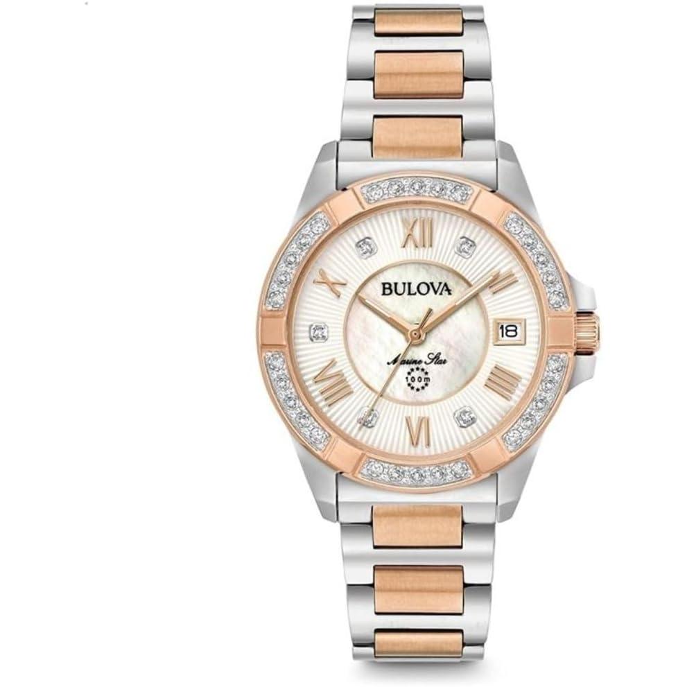 imageBulova Ladies Marine Star Series L 3Hand Day Date Quartz Diamond Watch Sapphire Crystal 100M Water Resistant MotherofPearl Dial 34mmTwoTone Rose