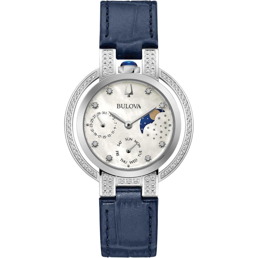 imageBulova Ladies Moon Phase Rubaiyat Diamond WatchBlue Strap Silver with Diamonds