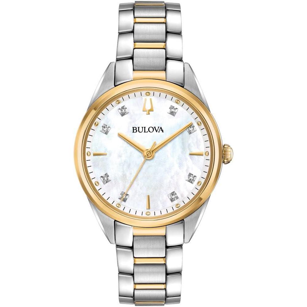 imageBulova Ladies Sutton TwoTone Stainless Steel 3Hand Quartz White MotherofPearl Dial Sapphire Crystal Diamond Dial Style 98P184