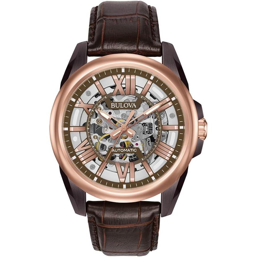 imageBulova Mens Automatic Strap Watch 96A187Brown Leather Strap Rose Gold