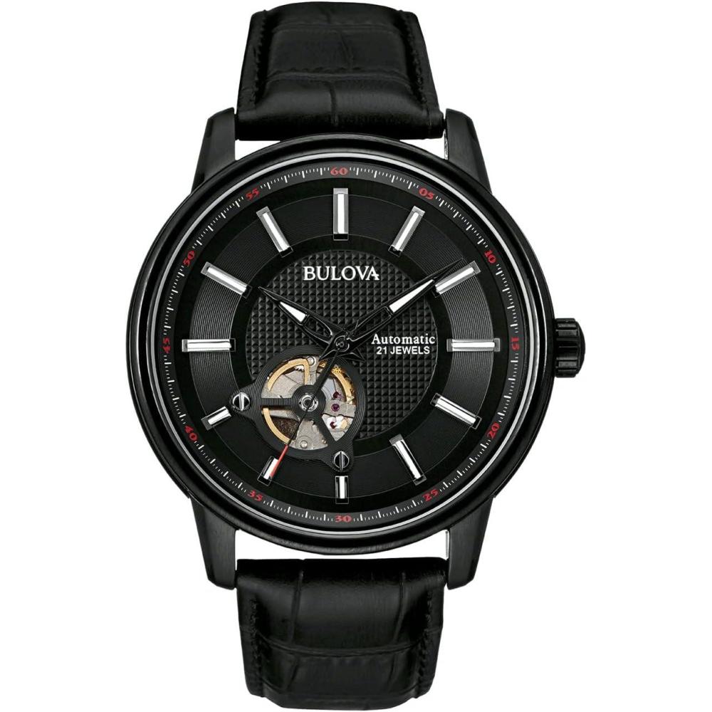 imageBulova Mens Classic 3Hand Automatic Leather Strap Watch 21Jewels Hack Feature Luminous Hands and MarkersOpen Aperture and Exhibition Case BackBlack StrapBlack IonPlated