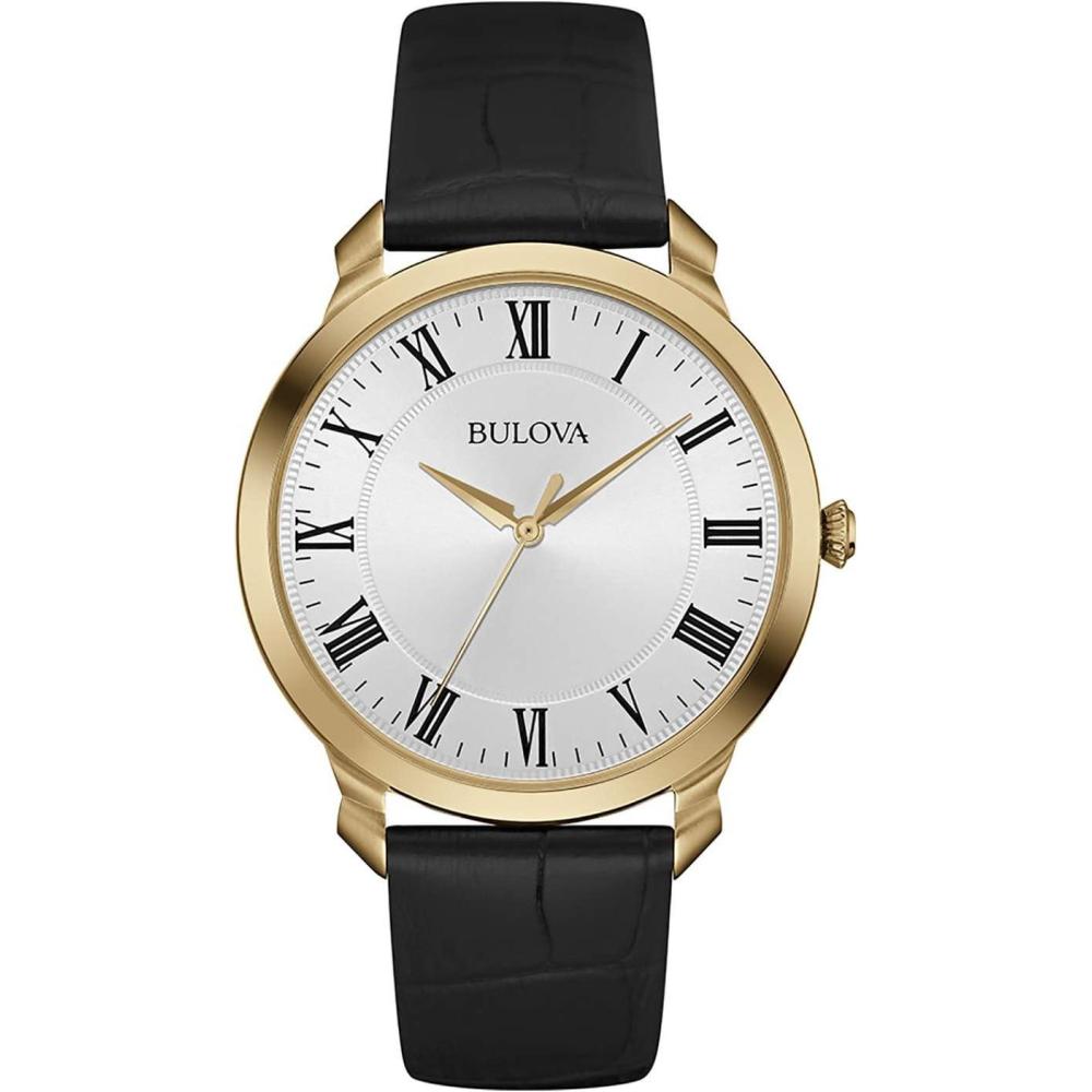 imageBulova Mens Classic 3Hand Quartz Black Leather Strap Watch Roman Numeral Markers 41mmGold Tone