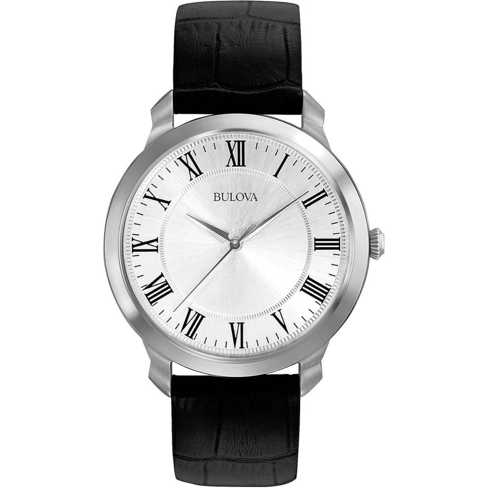 imageBulova Mens Classic 3Hand Quartz Black Leather Strap Watch Roman Numeral Markers 41mmStainless