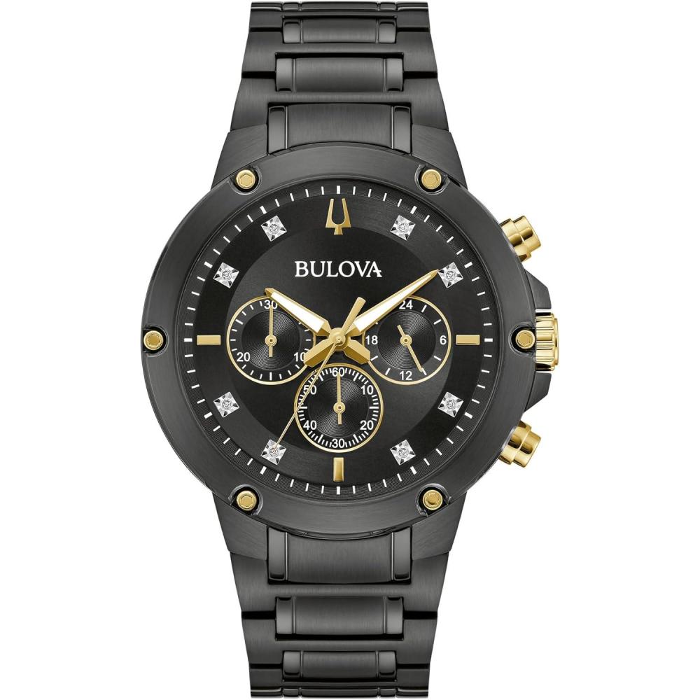 imageBulova Mens Classic 6Hand Chronograph Diamond Quartz Black Ion Plated Stainless Steel Watch 24 Hour Time 43mm Style98D190
