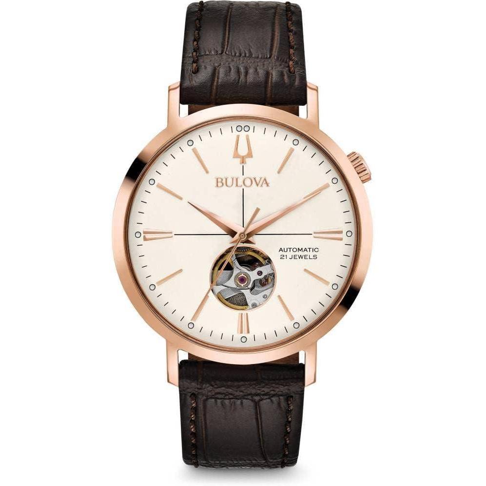 imageBulova Mens Classic Aerojet 3Hand Automatic Leather Strap Watch Open Aperture 40Hour Power Reserve Double Curved Mineral Crystal 41mm