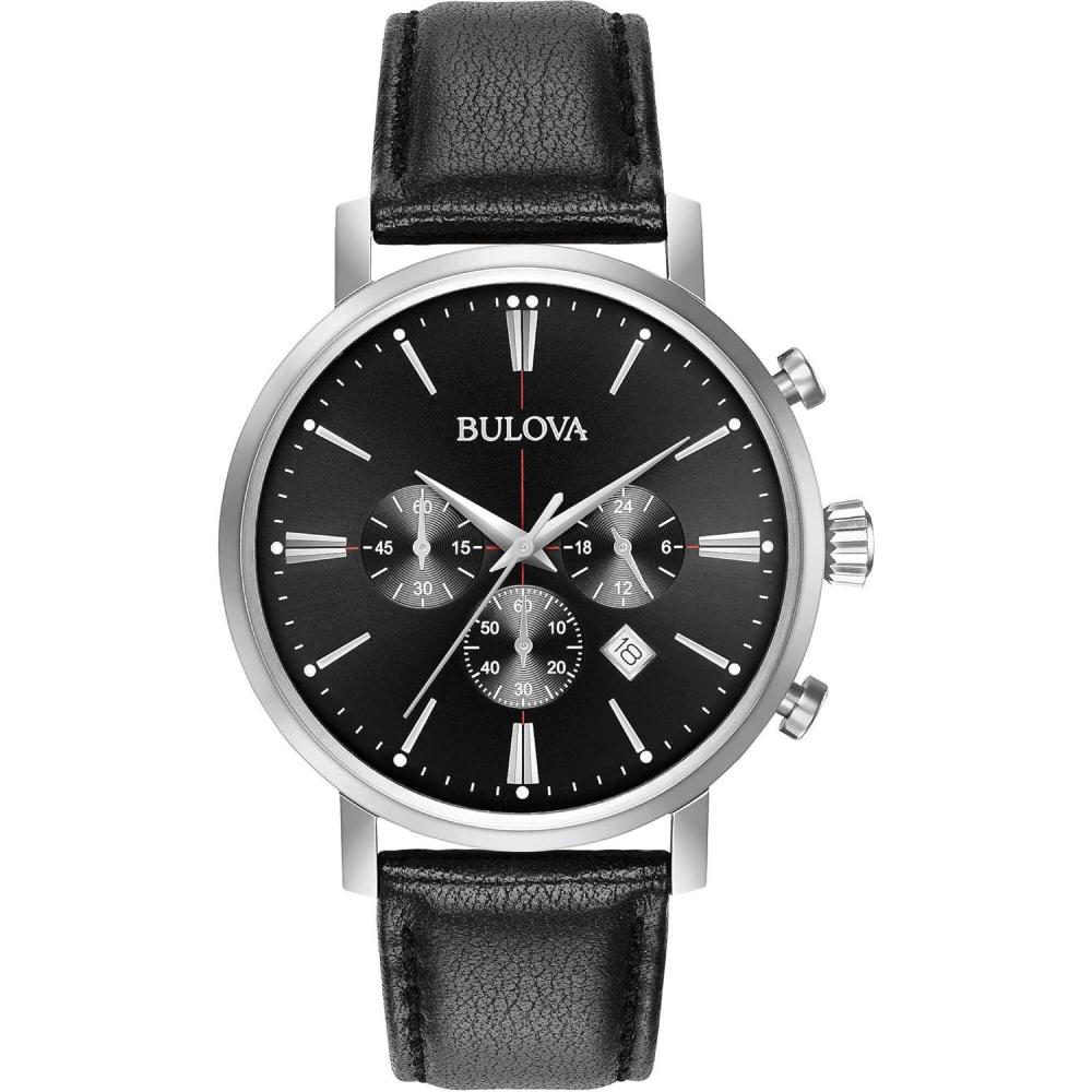 imageBulova Mens Classic Aerojet Stainless Steel 6Hand Chronograph Watch with Black Leather Strap 41mm Style 96B262