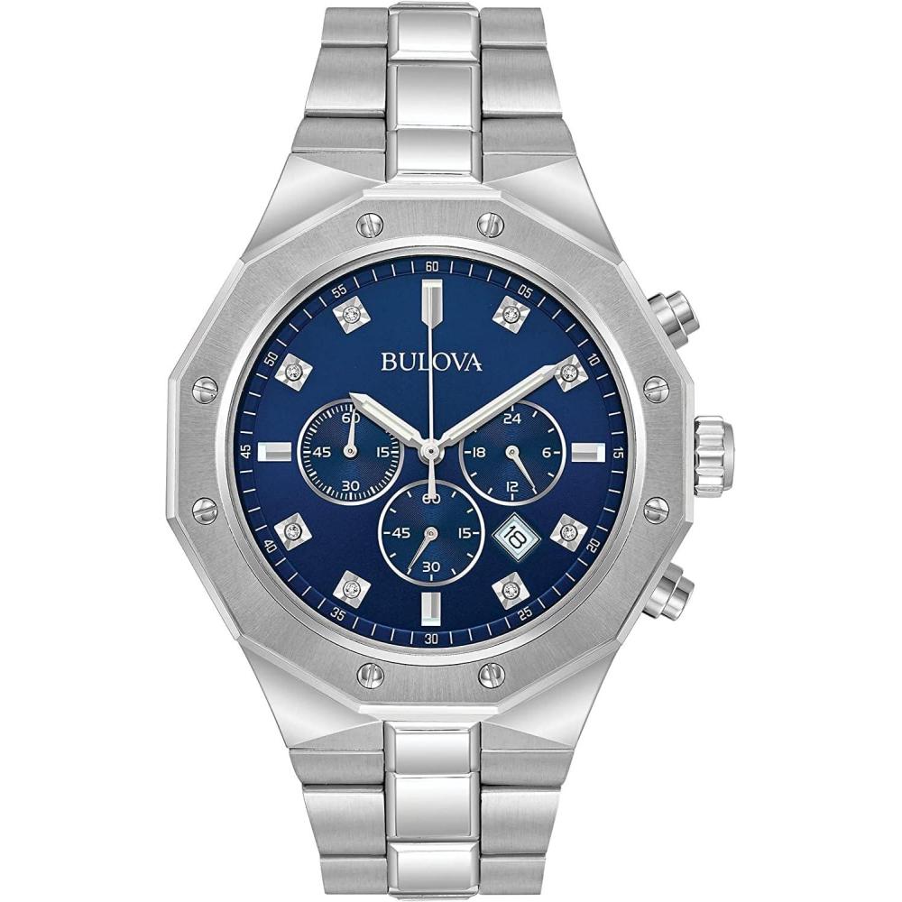 imageBulova Mens Classic Diamond 6Hand Chronograph Quartz Watch Calendar Date Luminous Markers 100M Water Resistant 44mmStainlessBlue Dial