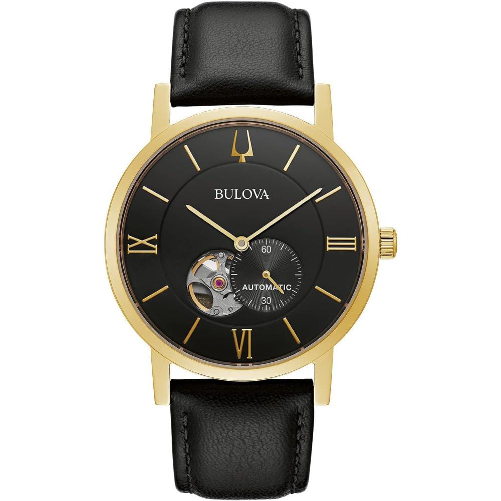 imageBulova Mens Classic Dress 3Hand 21 Jewel Automatic Watch 42 Hour Reserve Hack Feature SubSecond Hand Open Aperture Dial Exhibition Case Back 42mmBlack LeatherGold Tone