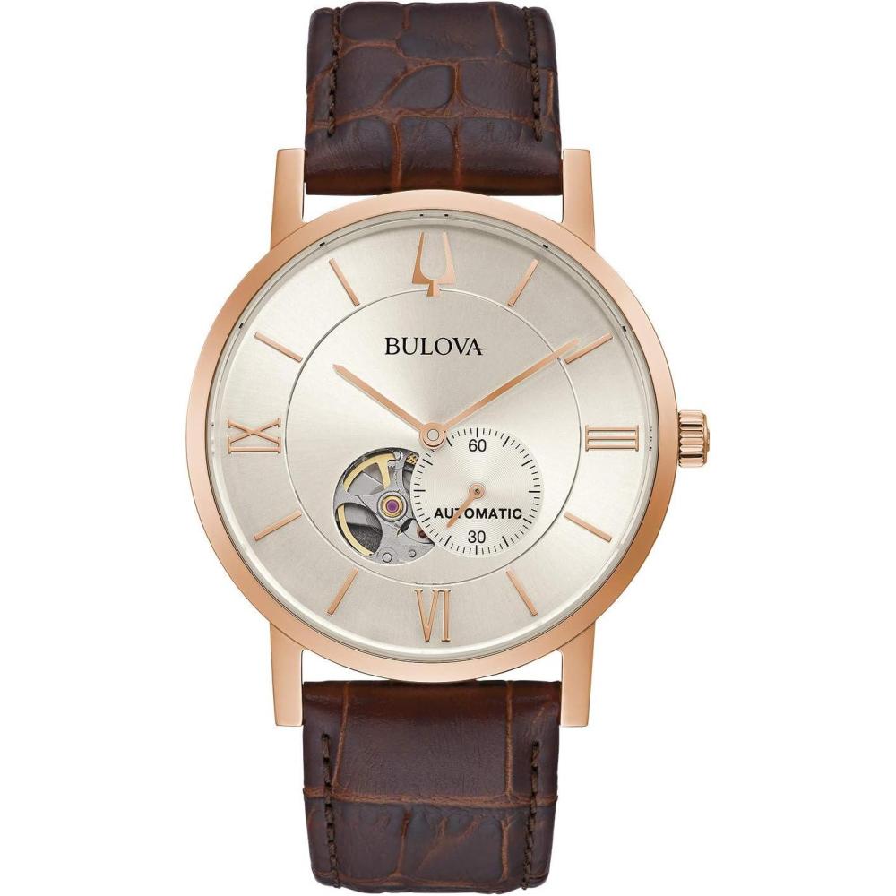 imageBulova Mens Classic Dress 3Hand 21 Jewel Automatic Watch 42 Hour Reserve Hack Feature SubSecond Hand Open Aperture Dial Exhibition Case Back 42mmBrown LeatherRose Gold