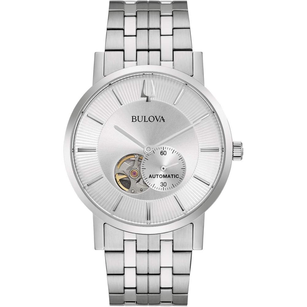 imageBulova Mens Classic Dress 3Hand 21 Jewel Automatic Watch 42 Hour Reserve Hack Feature SubSecond Hand Open Aperture Dial Exhibition Case Back 42mmStainless Steel