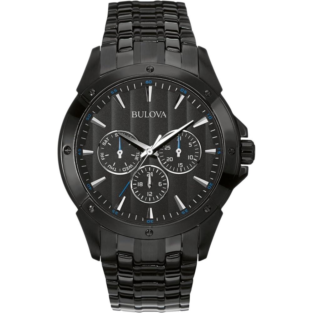 imageBulova Mens Classic Dress 6Hand MultiFunction DayDate Quartz Watch Black Patterned Dial 43mmBlack IonPlatedBlue Accents