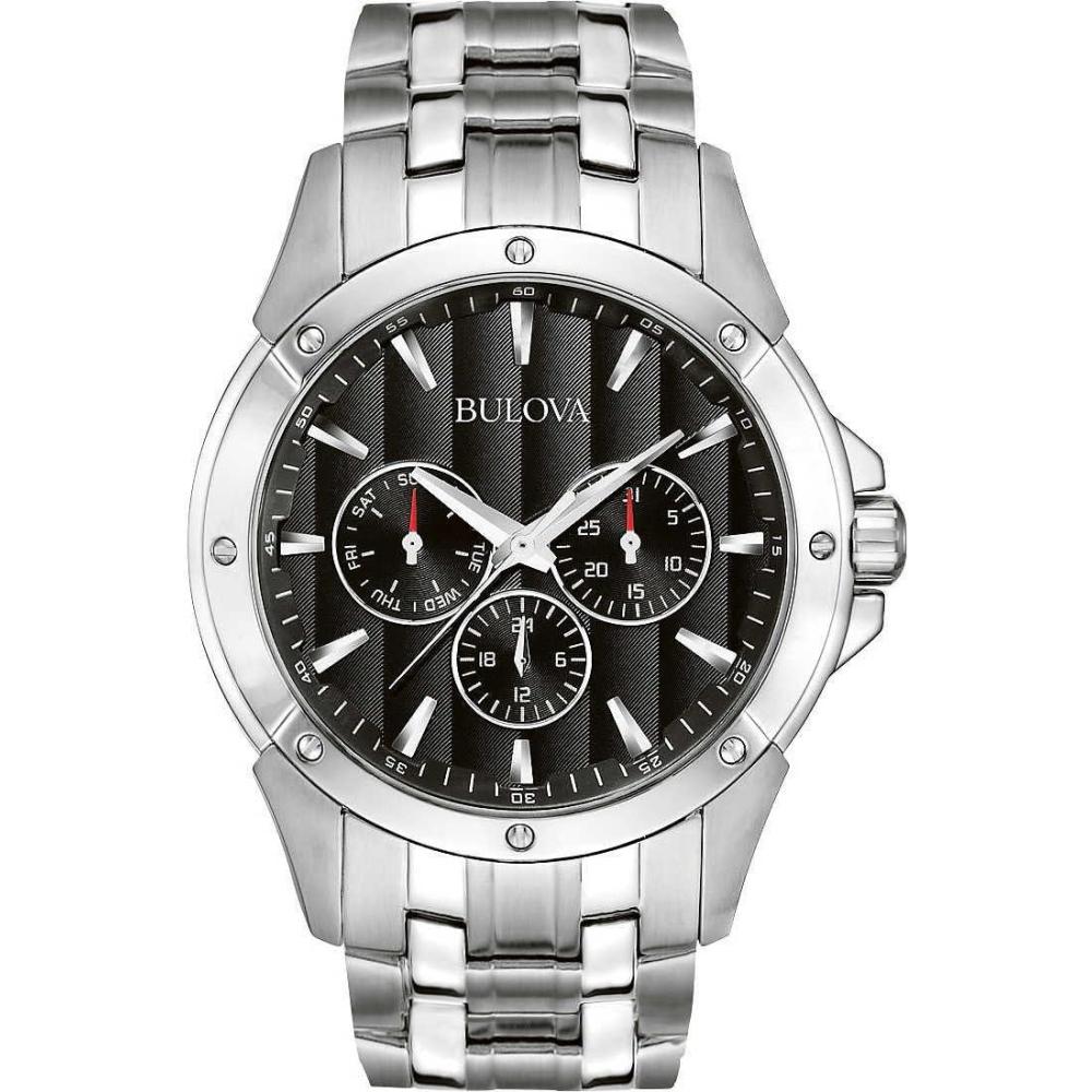 imageBulova Mens Classic Dress 6Hand MultiFunction DayDate Quartz Watch Black Patterned Dial 43mmStainless