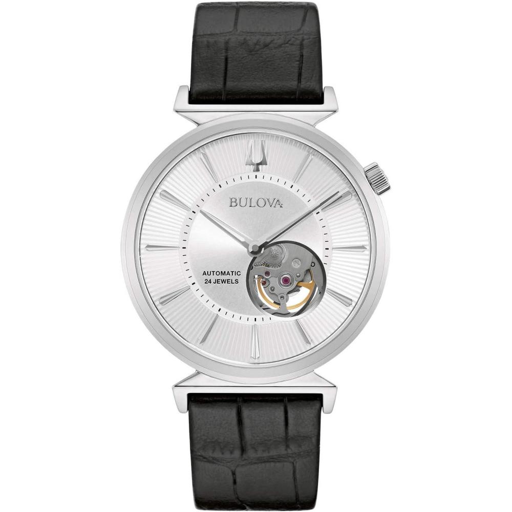 imageBulova Mens Classic Regatta Stainless Steel 3Hand Automatic Black Leather Strap Watch with Open Aperture Watch Style 96A240