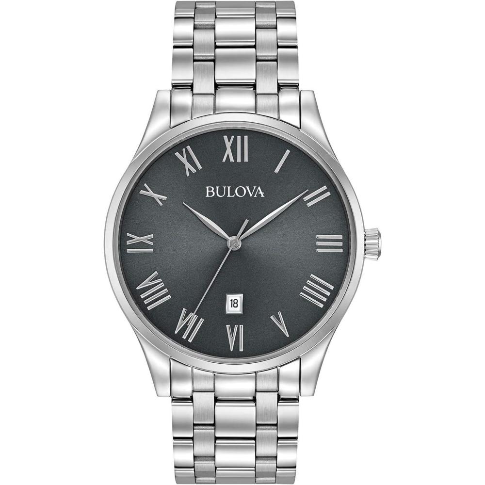imageBulova Mens Classic Stainless Steel 3Hand Date Calendar Quartz Watch Grey Dial with Roman Numeral Markers Style 96B261