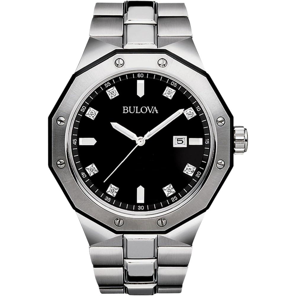 imageBulova Mens Classic Stainless Steel 3Hand Date Quartz Watch with Diamonds and Day Date 44mmSilver Black Dial