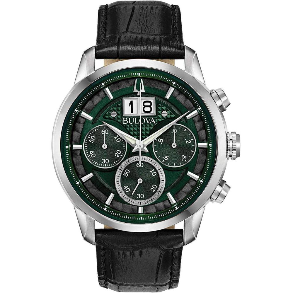 imageBulova Mens Classic Sutton 6Hand Chronograph Calendar Big Date Leather Strap Quartz Watch Domed Mineral Crystal 44mmGreen Black Leather Strap