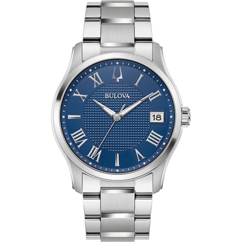imageBulova Mens Classic Wilton 3 Hand Silver Stainless Steel Watch Blue Dial 3 Hand Style 96B386