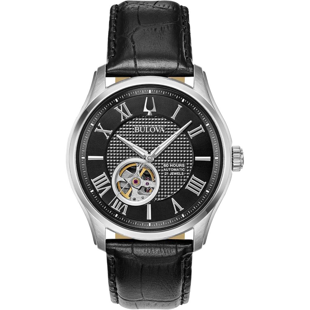 imageBulova Mens Classic Wilton 3Hand 21Jewel Automatic Watch 60 Hour Power Reserve Luminous Hands Open Aperture Roman Numeral Markers Domed Sapphire Crystal 43mm