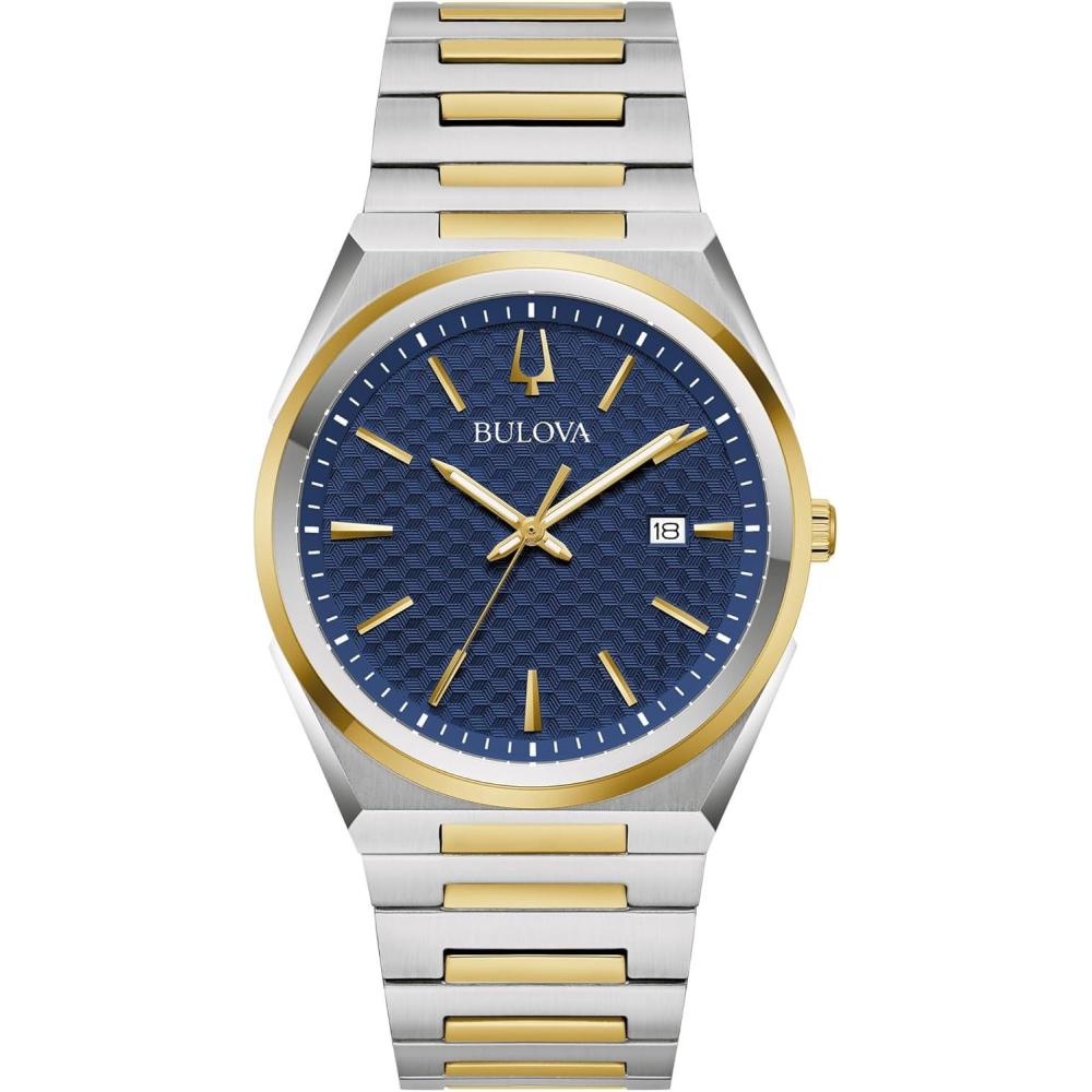 imageBulova Mens Dress Classic Quartz Two Tone Stainless Steel Watch Patterned Dial 39mmTwoTone Gold Blue Dial