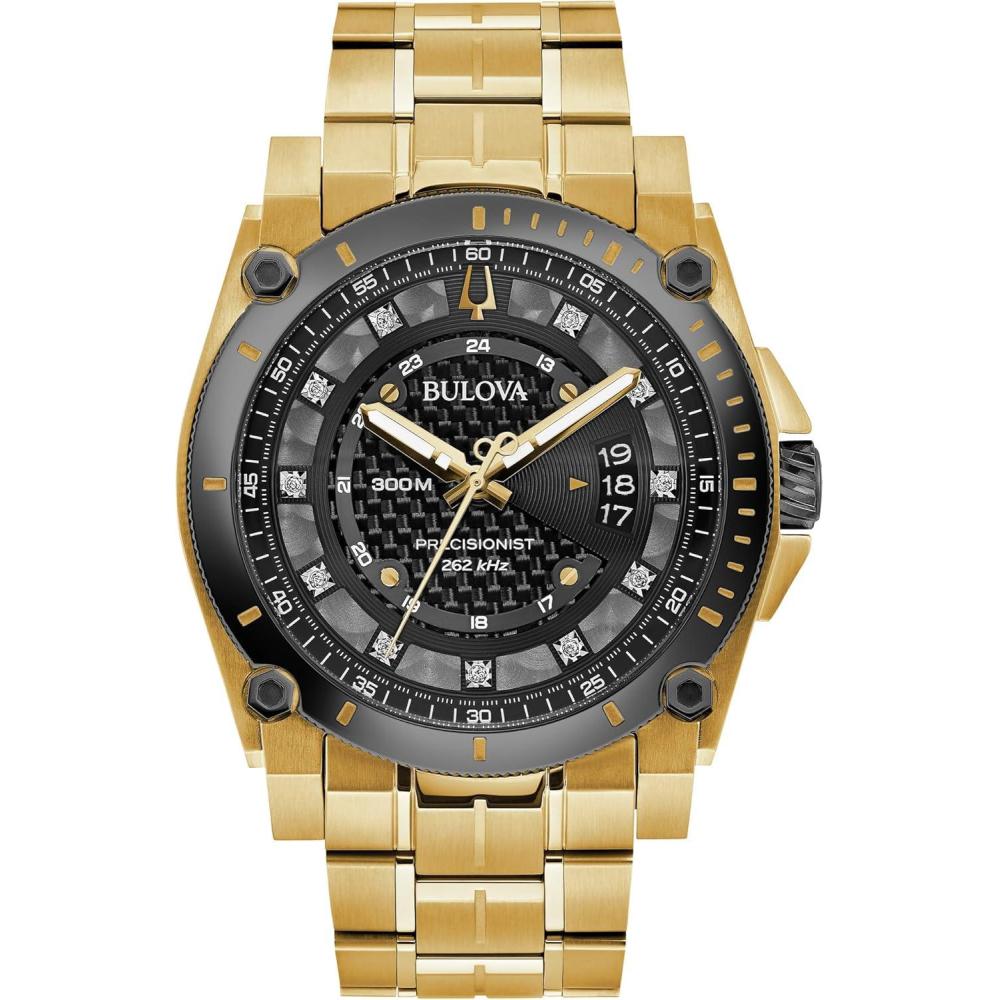 imageBulova Mens High Precisionist Quartz Icon Grey IP and Rose Gold Watch Diamonds 300M Water ResistantGold Black