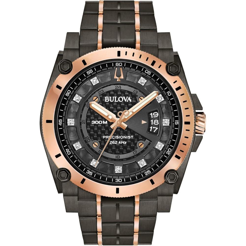 imageBulova Mens High Precisionist Quartz Icon Grey IP and Rose Gold Watch Diamonds 300M Water ResistantGrey IPRose Gold