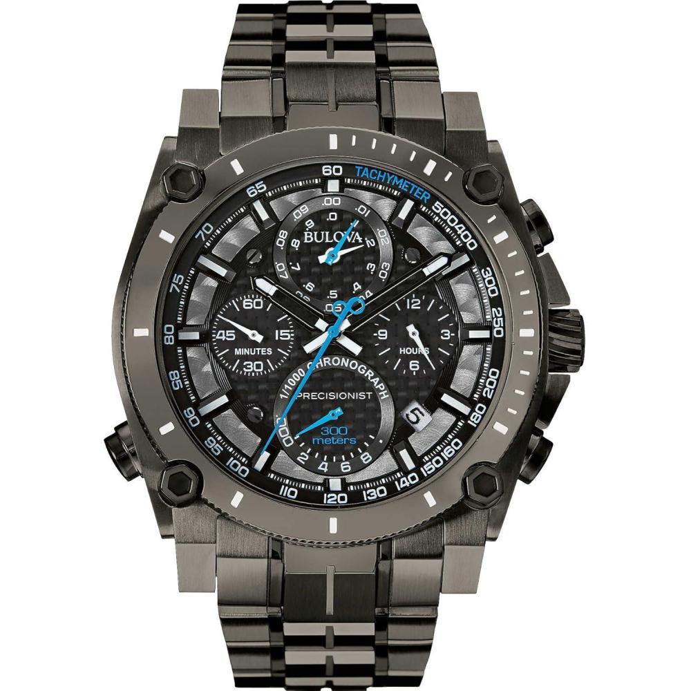 imageBulova Mens Icon High Precision Quartz Chronograph Watch Curved Mineral CrystalBlack IonPlatedBlue Accents