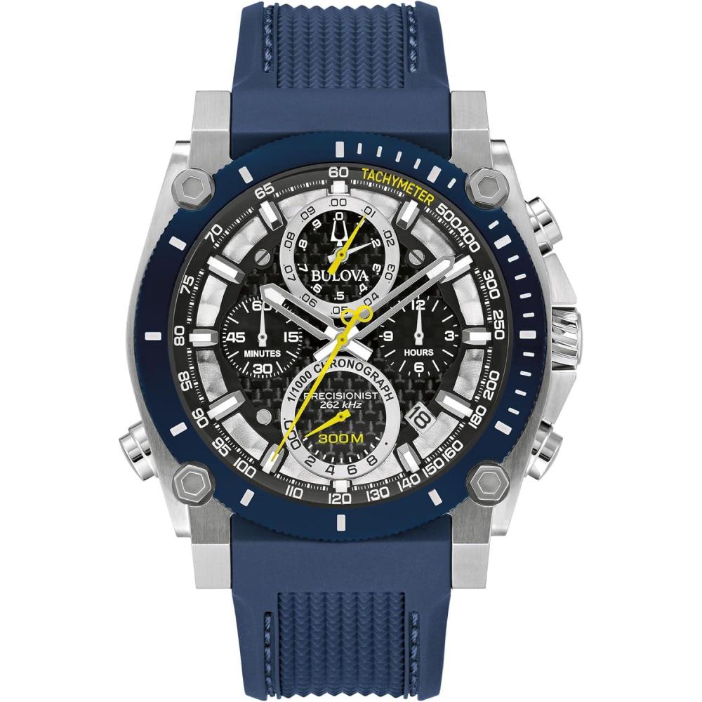 imageBulova Mens Icon High Precision Quartz Chronograph Watch Curved Mineral CrystalStainless Steel Blue Rubber Strap Yellow Accent