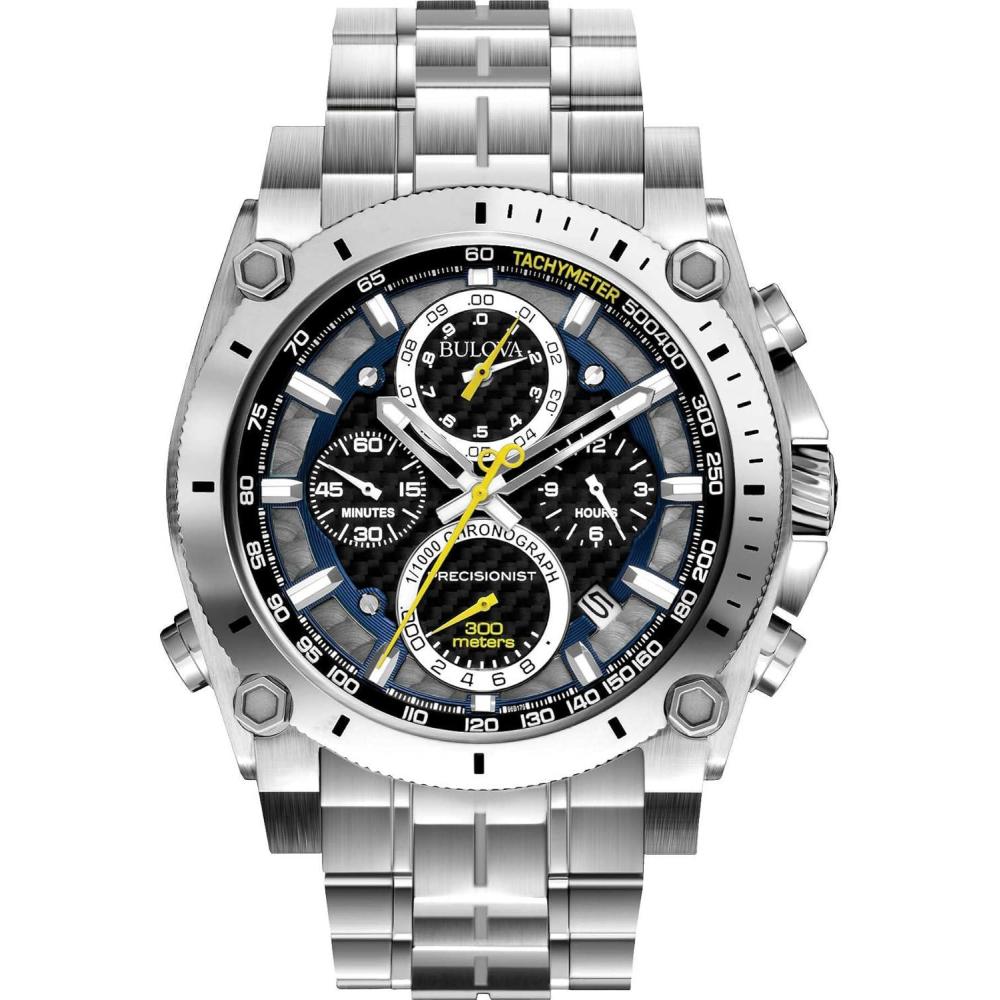 imageBulova Mens Icon High Precision Quartz Chronograph Watch Curved Mineral CrystalStainless Steel Blue and Yellow Accents