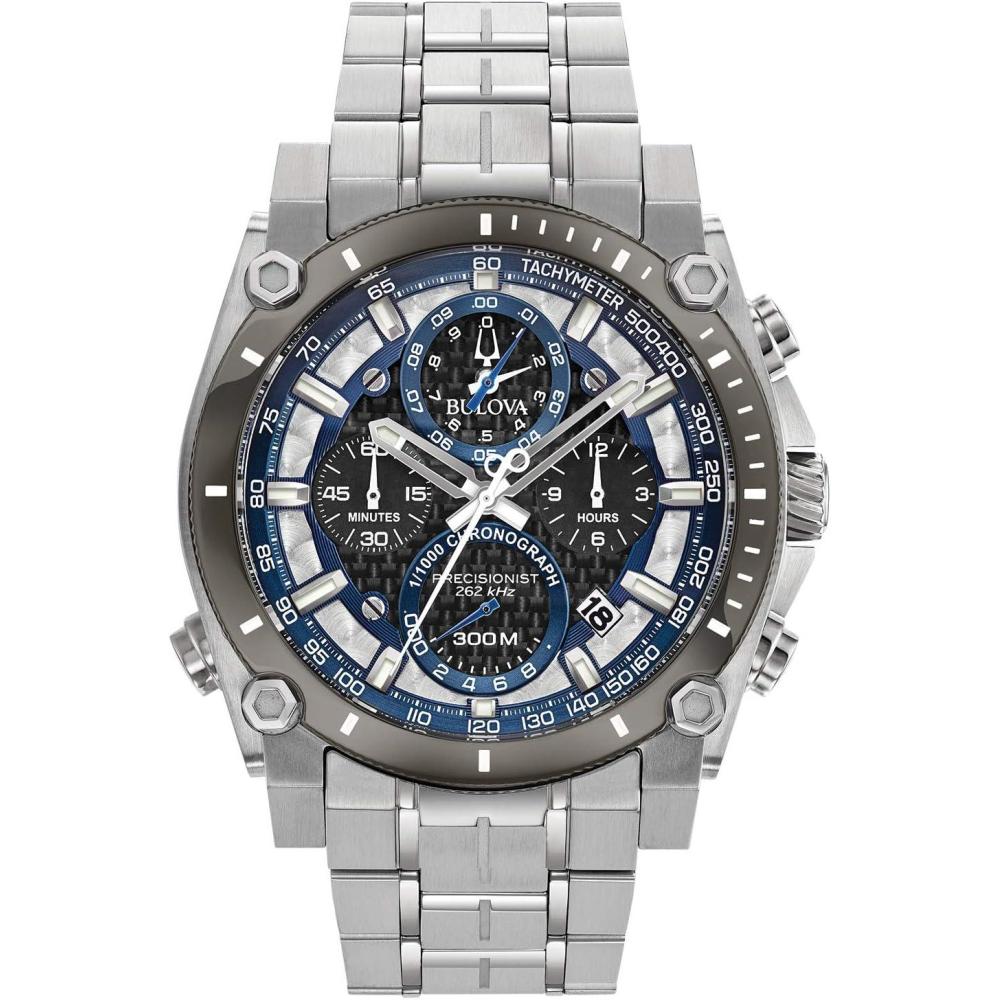 imageBulova Mens Icon High Precision Quartz Chronograph Watch Curved Mineral CrystalStainless SteelGrey and Blue Accents