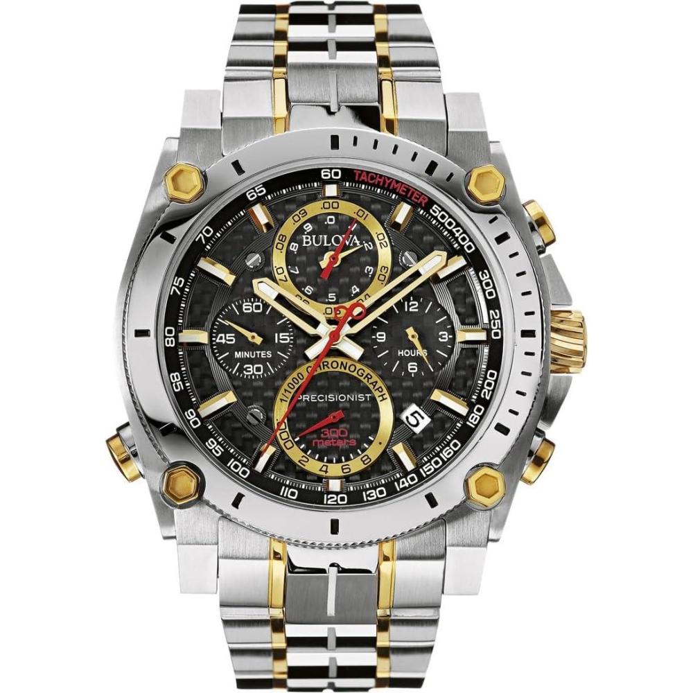imageBulova Mens Icon High Precision Quartz Chronograph Watch Curved Mineral CrystalTwo Tone GoldBlack and Red Accents