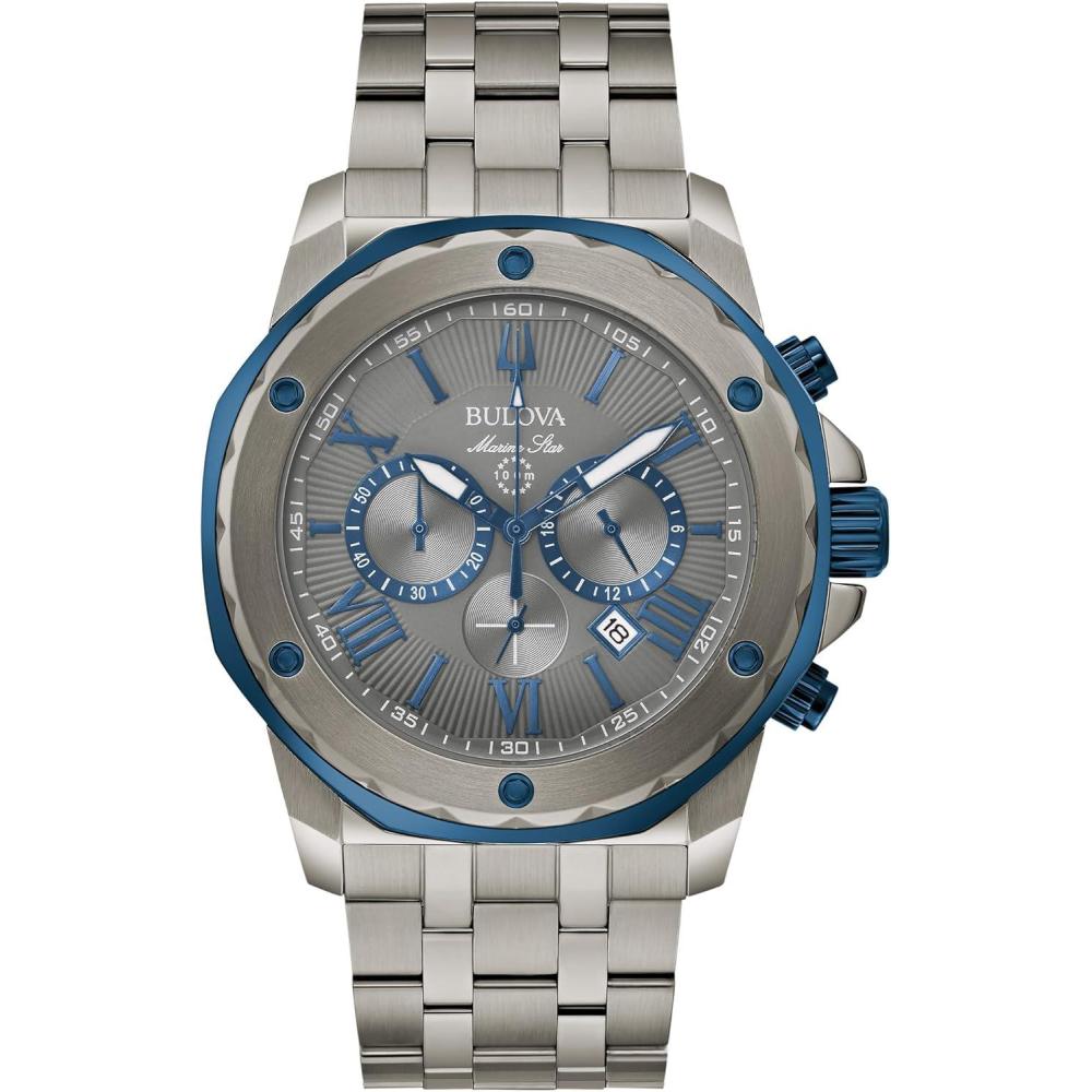 imageBulova Mens Marine Star Series A Gray IP Stainless Steel with Blue Accents Chronograph Quartz Watch 4mm Style 98B411