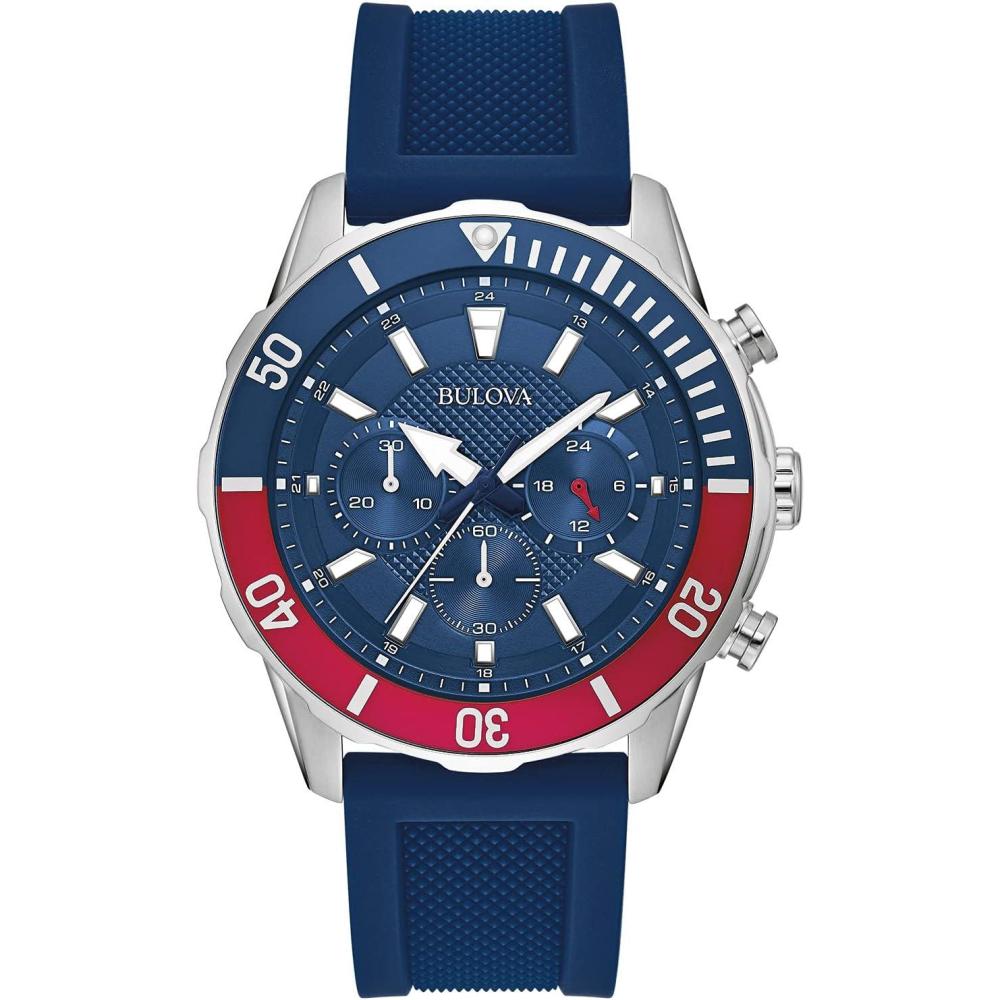 imageBulova Mens Sport 6Hand Chronograph Quartz Watch with Silicone Strap 24 Hour Time Calendar Date Luminous Hands and Markers 100M Water Resistant 44mm Style 98A288