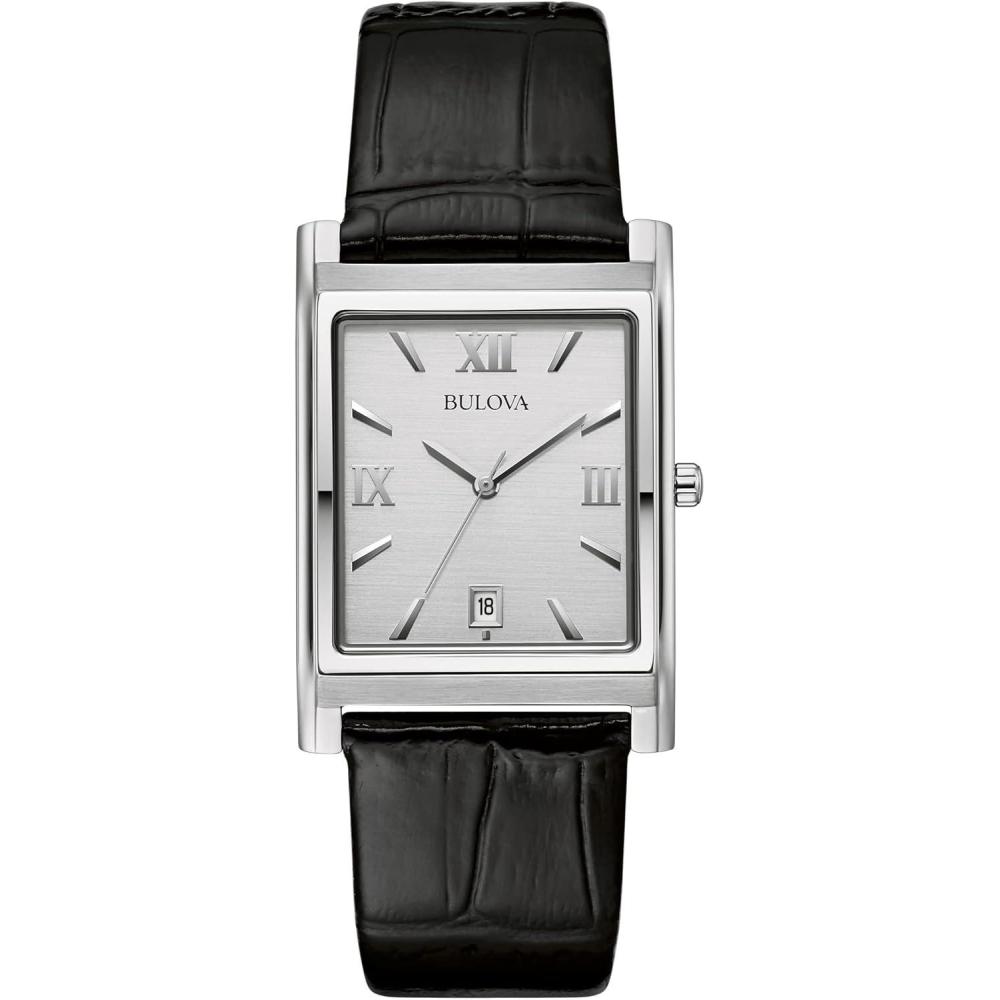 imageBulova Mens Stainless Steel 3Hand Calendar Date Quartz Watch with Black Leather Strap Rectangle Dial Style 96B107