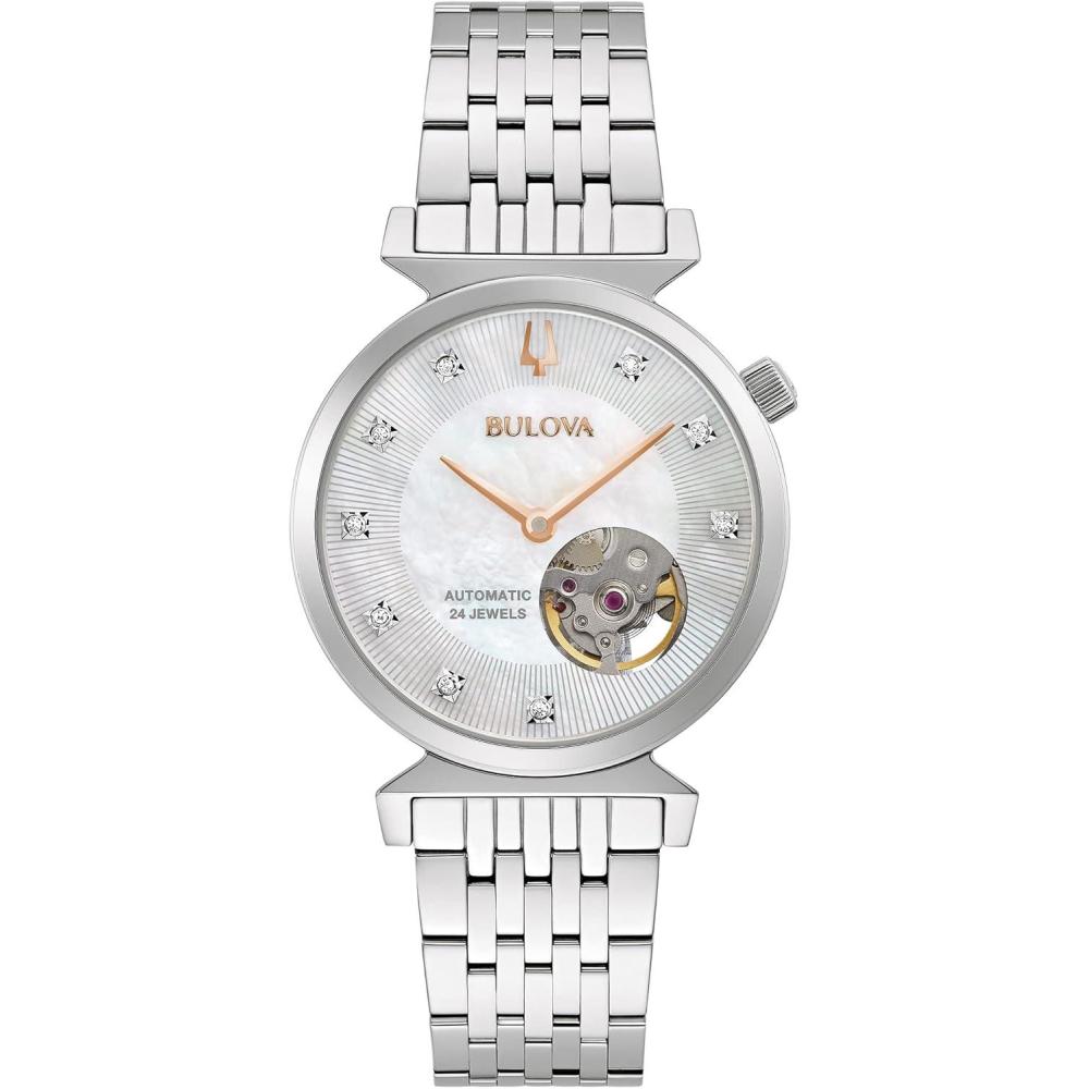 imageBulova Womens Regatta Diamond Automatic Stainless Steel Open Aperture Watch Mother of Pearl Dial Style 96P222