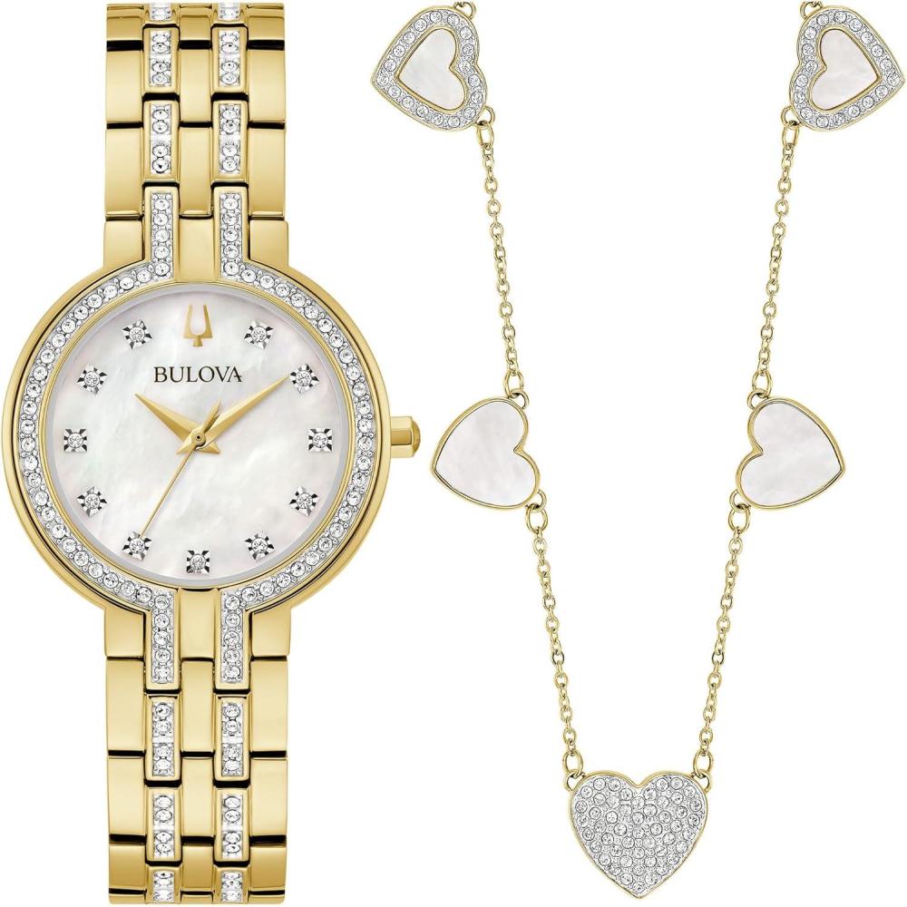 imageBulovaLadies Crystal GoldTone Stainless Steel Box Set with White MotherofPearl Dial 3Hand QuartzWatch and MOP Crystal Accent Hearts PendantNecklace 30mm Style98X138