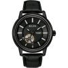 Bulova Men’s Classic 3-Hand Automatic Leather Strap Watch, 21-Jewels, Hack Feature, Luminous Hands and Markers,Open Aperture and Exhibition Case Back(Black Strap/Black Ion-Plated)