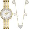 Bulova-Ladies’ Crystal Gold-Tone Stainless Steel Box Set with White Mother-of-Pearl Dial 3-Hand Quartz-Watch and MOP Crystal Accent Hearts Pendant-Necklace, 30mm Style:98X138