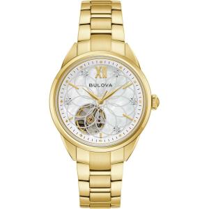 Bulova Ladies’ Classic Diamond 3-Hand Automatic in Stainless Steel, Mother-of-Pearl Dial and Open Aperture Dial(Gold Tone)