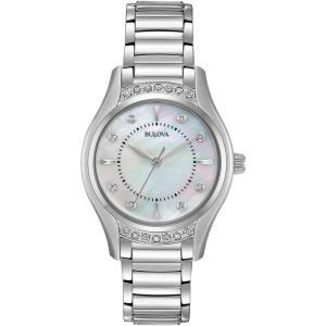 Bulova Ladies’ Classic Diamond 3-Hand Quartz Stainless Steel Watch, 16 Diamonds, Mother-of-Pearl Dial, Curved Mineral Crystal(Silver Tone)