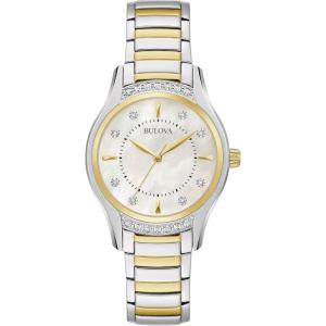 Bulova Ladies’ Classic Diamond 3-Hand Quartz Stainless Steel Watch, 16 Diamonds, Mother-of-Pearl Dial, Curved Mineral Crystal(Two Tone Gold)