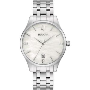 Bulova Ladies’ Classic Diamond Dial Stainless Steel 3-Hand Calendar Date Quartz Watch(Silver)