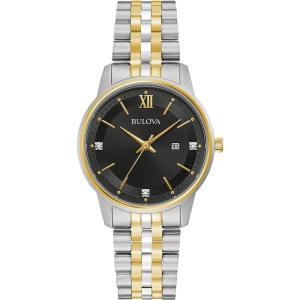 Bulova Ladies’ Classic Diamond Two-Tone Gold Stainless Steel 3-Hand Calendar Date Quartz Watch(Black Dial)